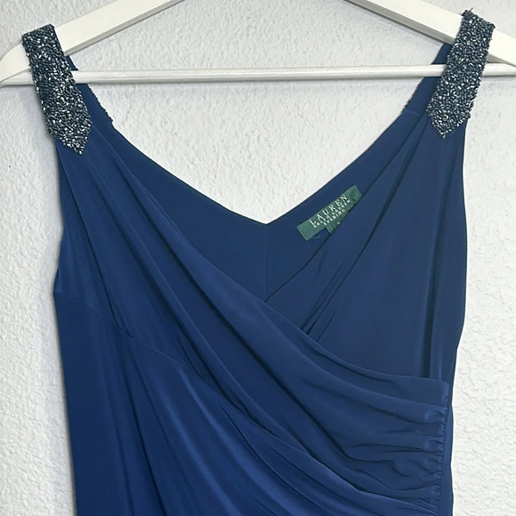 Lauren Ralph Lauren Evening Dress Navy Blue Side Ruched Midi Womens Size 2 - Picture 4 of 13